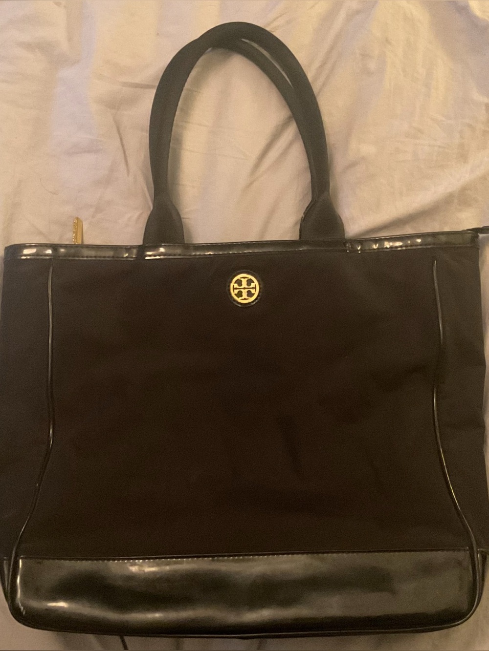 ❗️MORE PICS COMING❗️TB Black Nylon Patent Leather Tote Large Zip Top Tote Bag